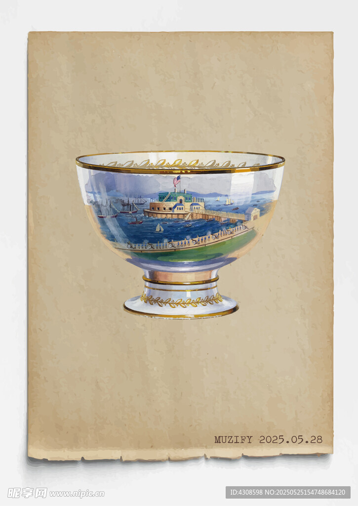 古董 风景烧花瓷杯