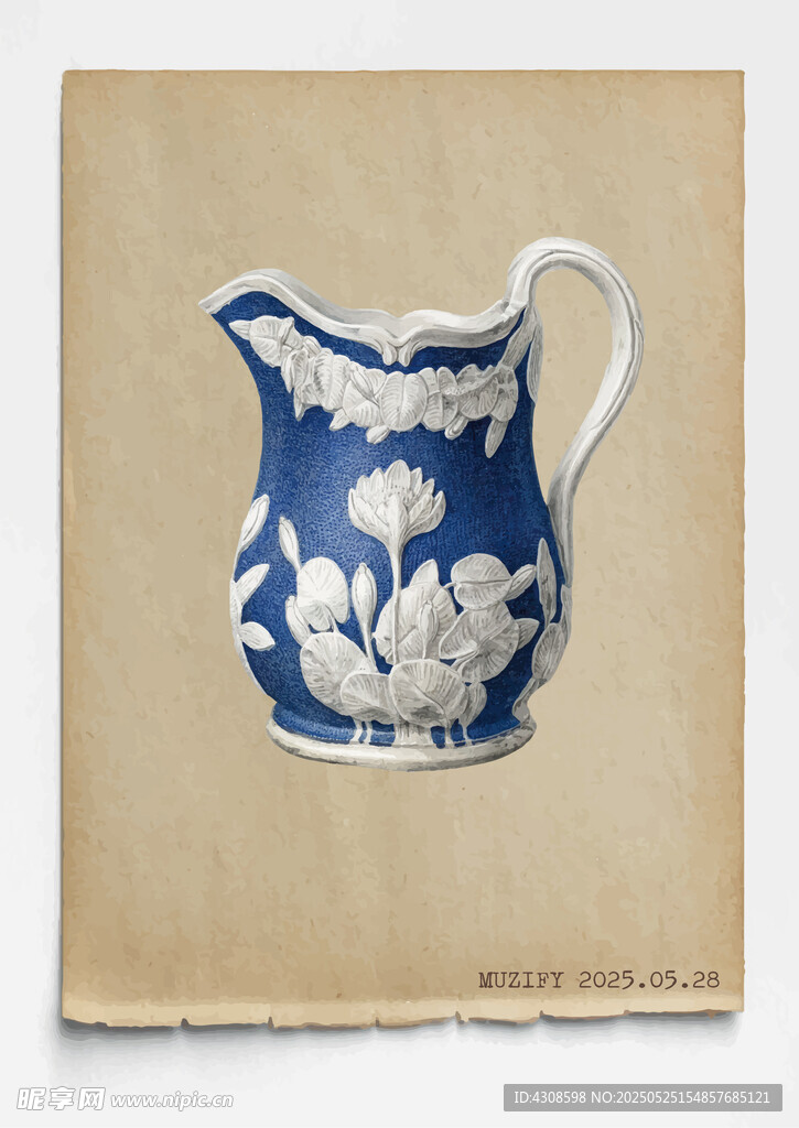 古董 蓝白雕花瓷壶