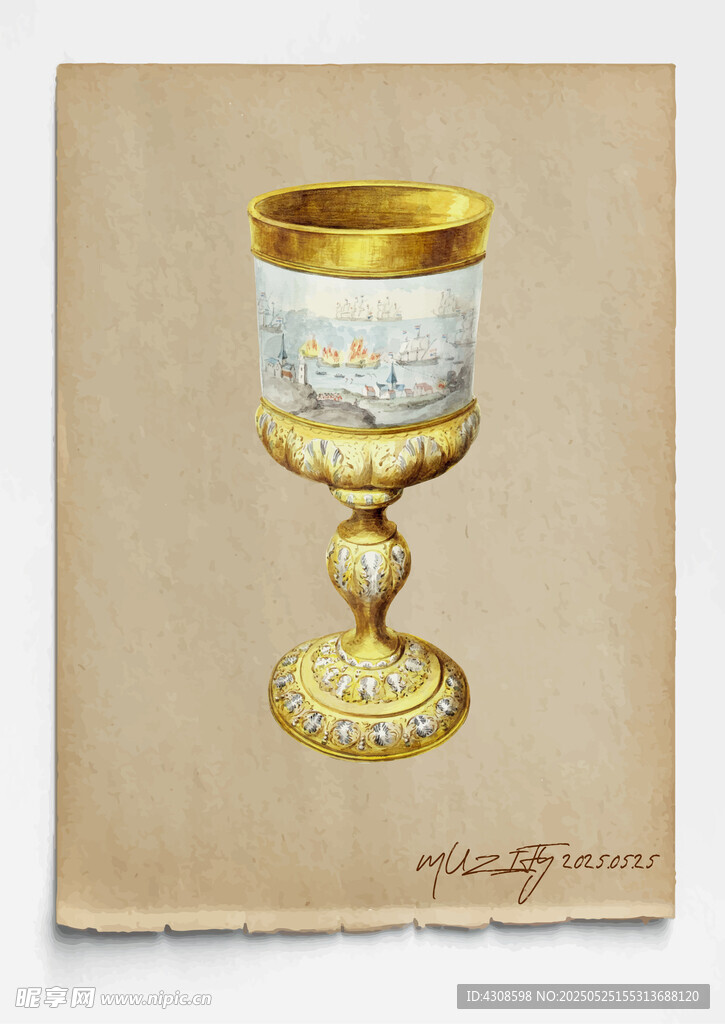 古董 象牙雕花金器酒杯