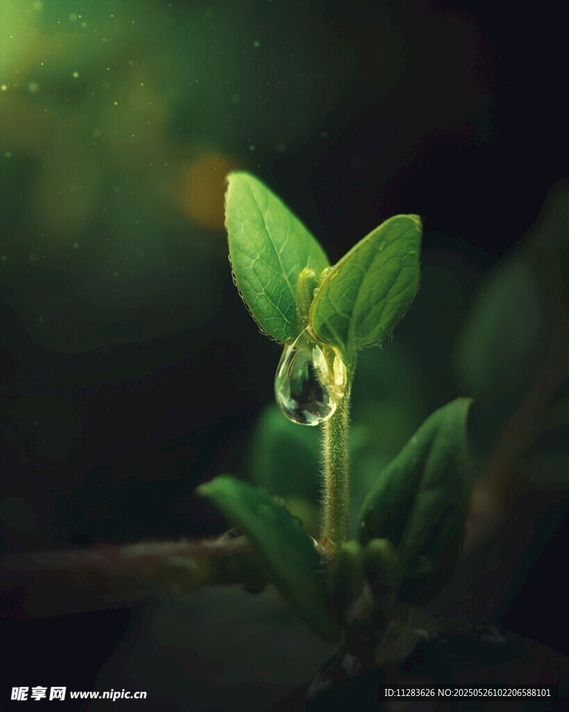 嫩绿新芽上的晶莹露珠