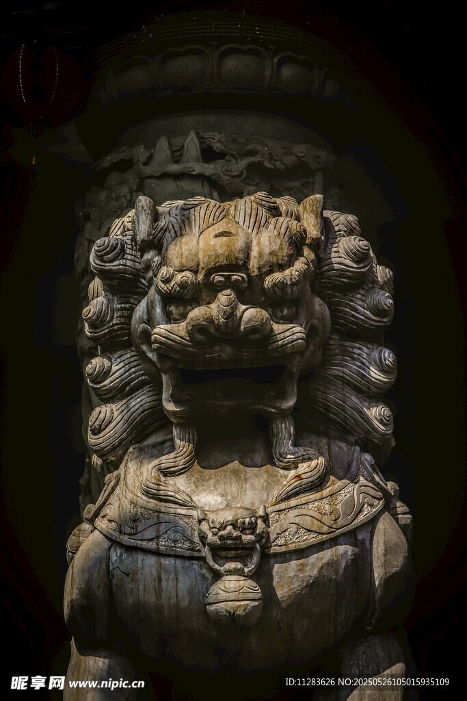 威严石狮子雕塑特写