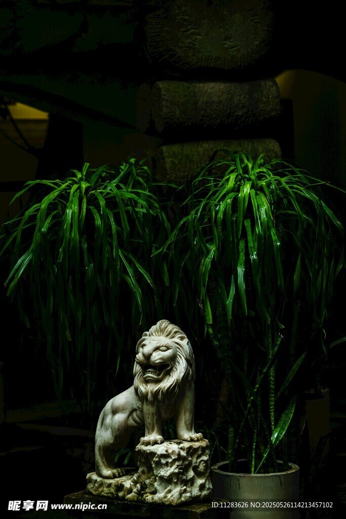 室内绿植旁的精致狮子摆件