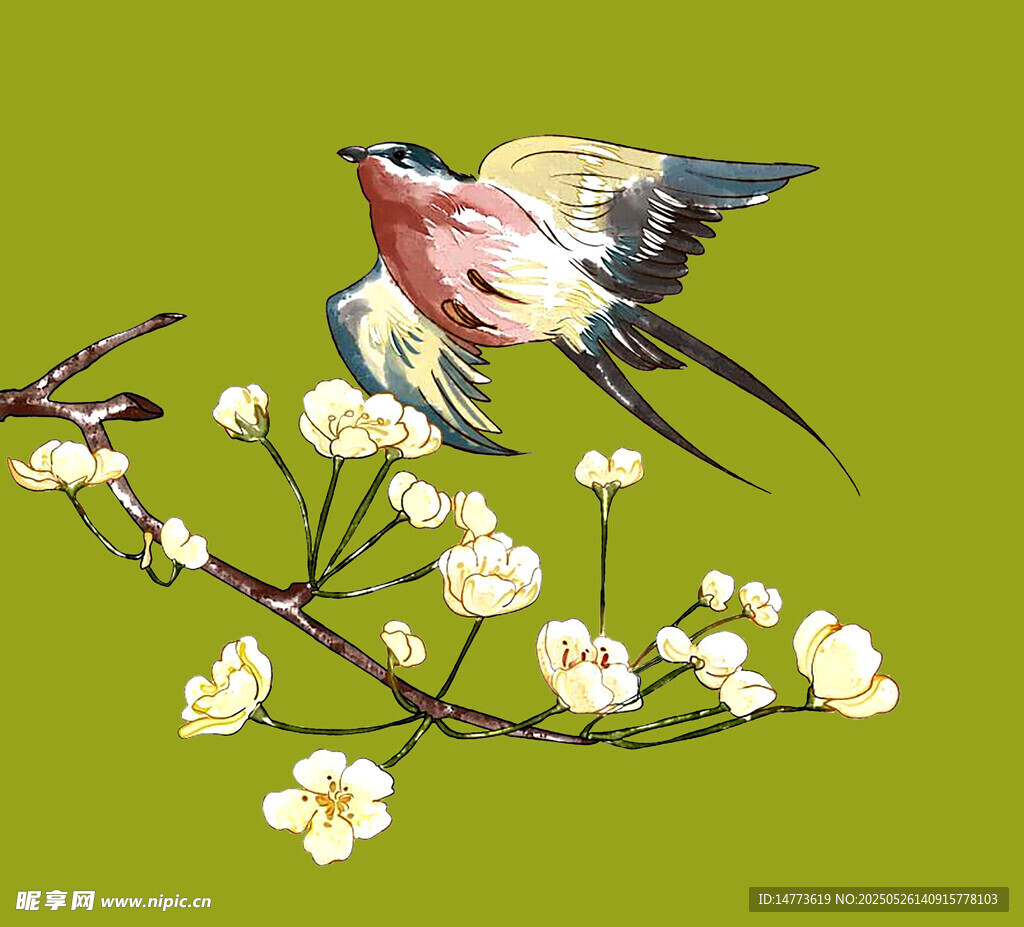 飞燕栖于繁花枝头图