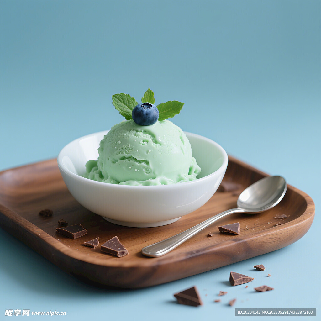 薄荷蓝莓冰淇淋置于木盘上