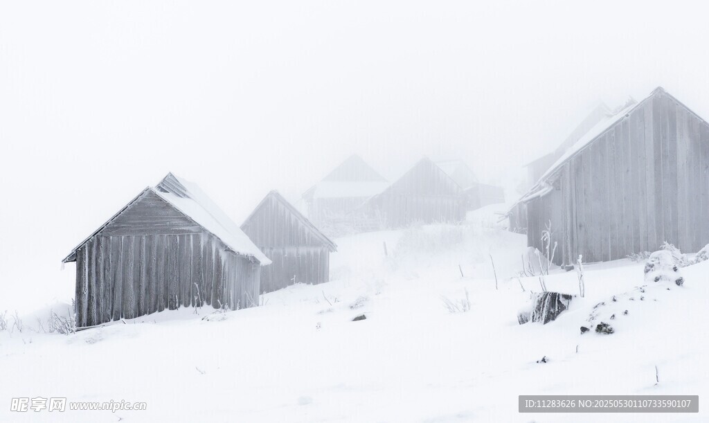 雪覆小屋 冬日静谧景象