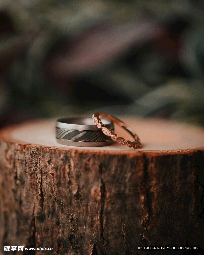 树桩上的精美情侣婚戒