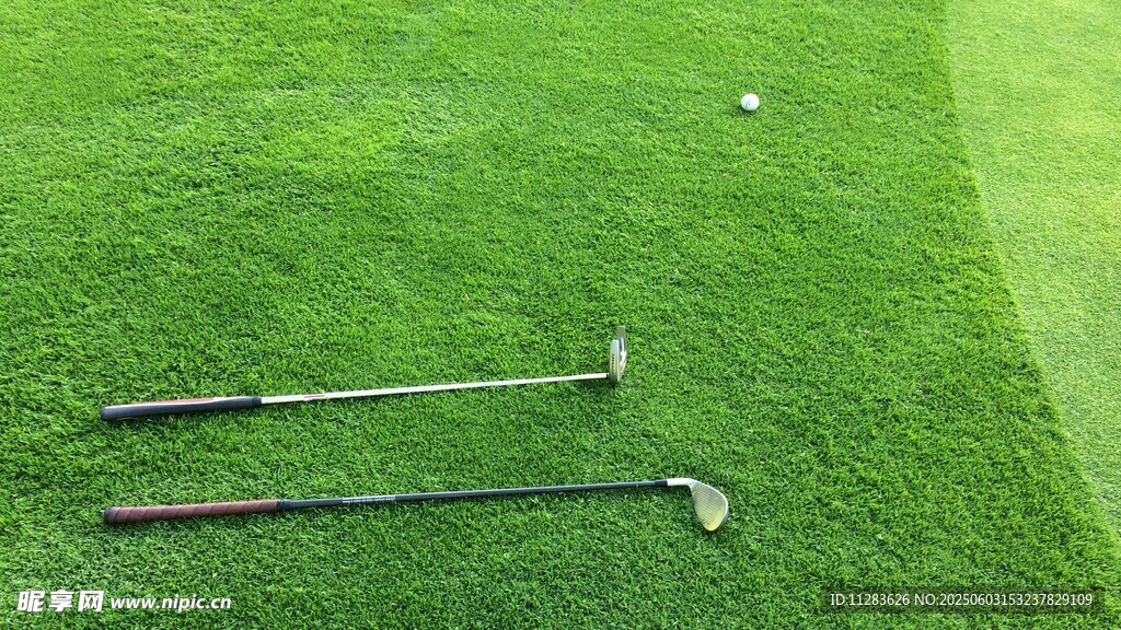草地上的高尔夫球杆与球