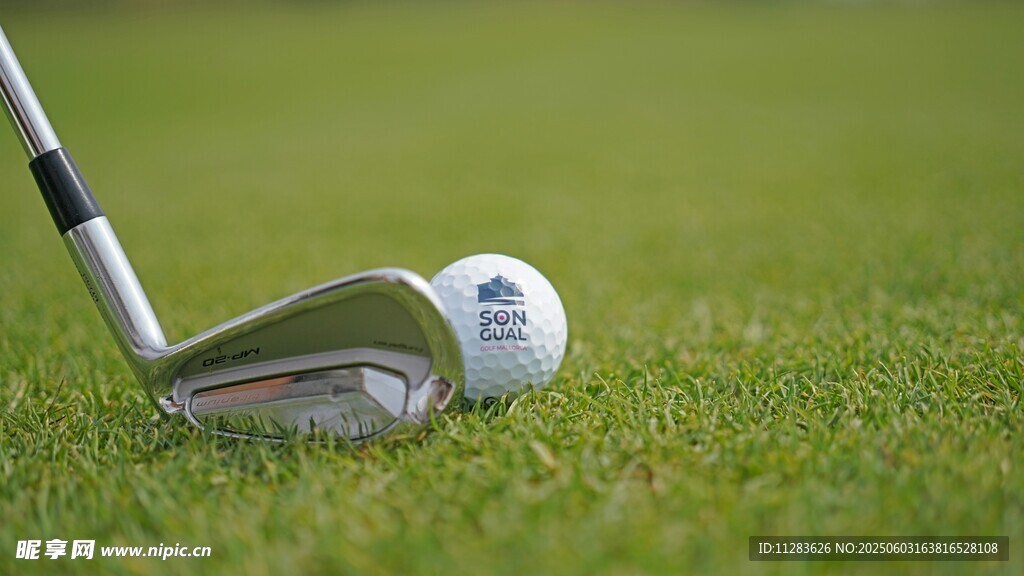 高尔夫球与球杆特写
