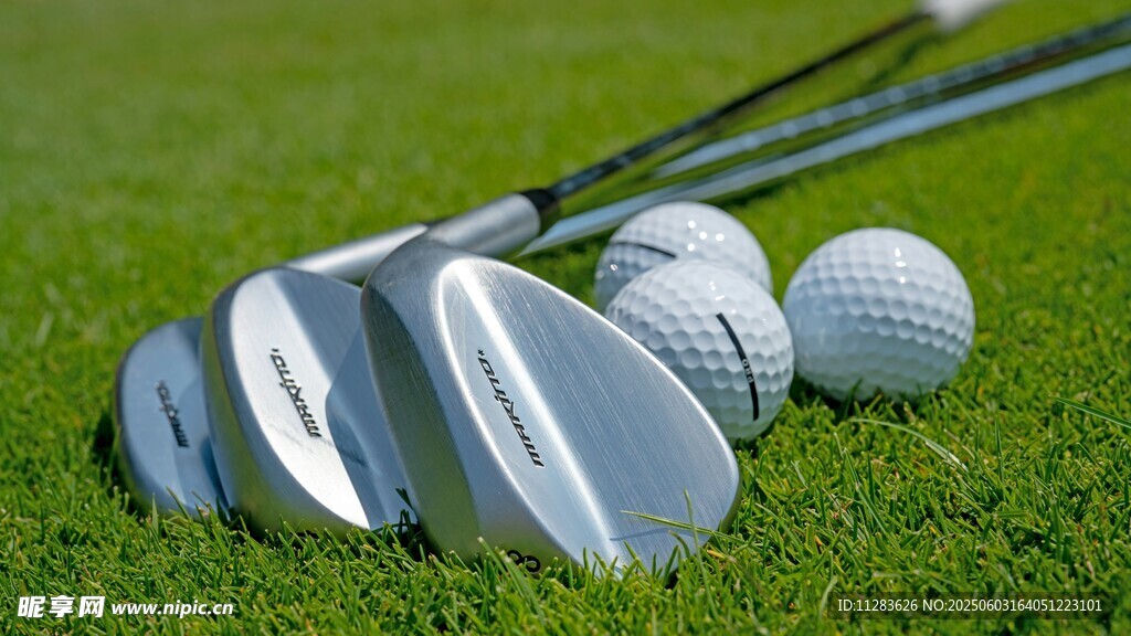 草地上的高尔夫球与球杆