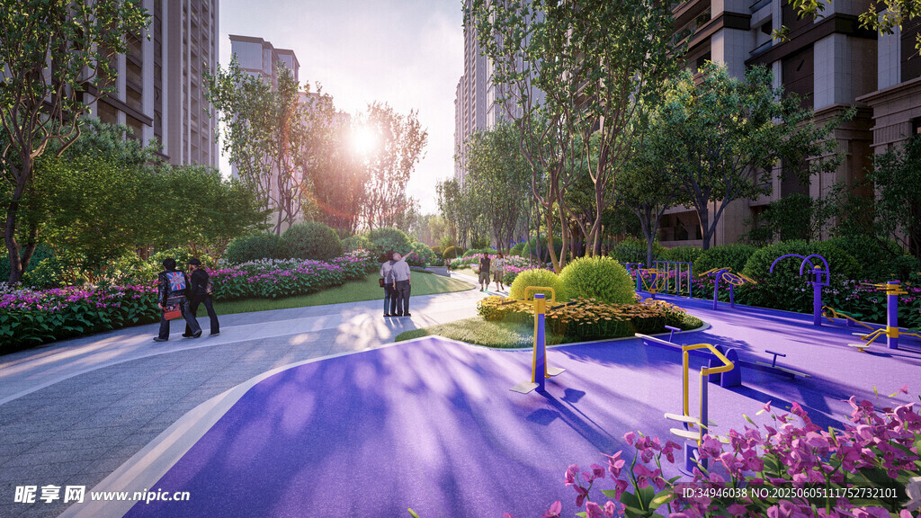 阳光照耀下的多彩社区步道