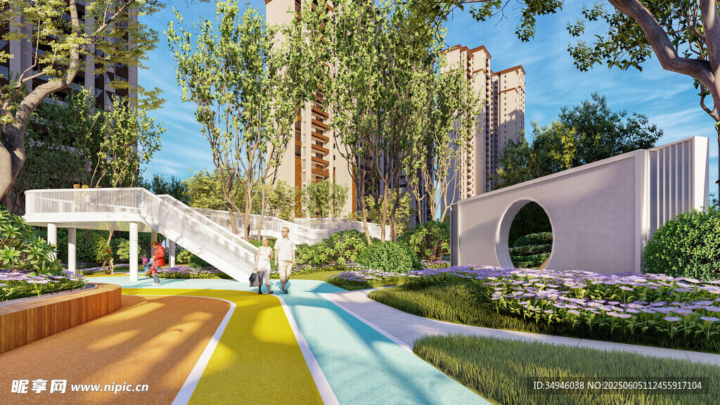 多彩景观步道与绿植建筑