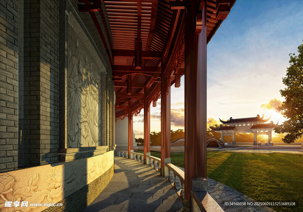 中式长廊下的静谧景致