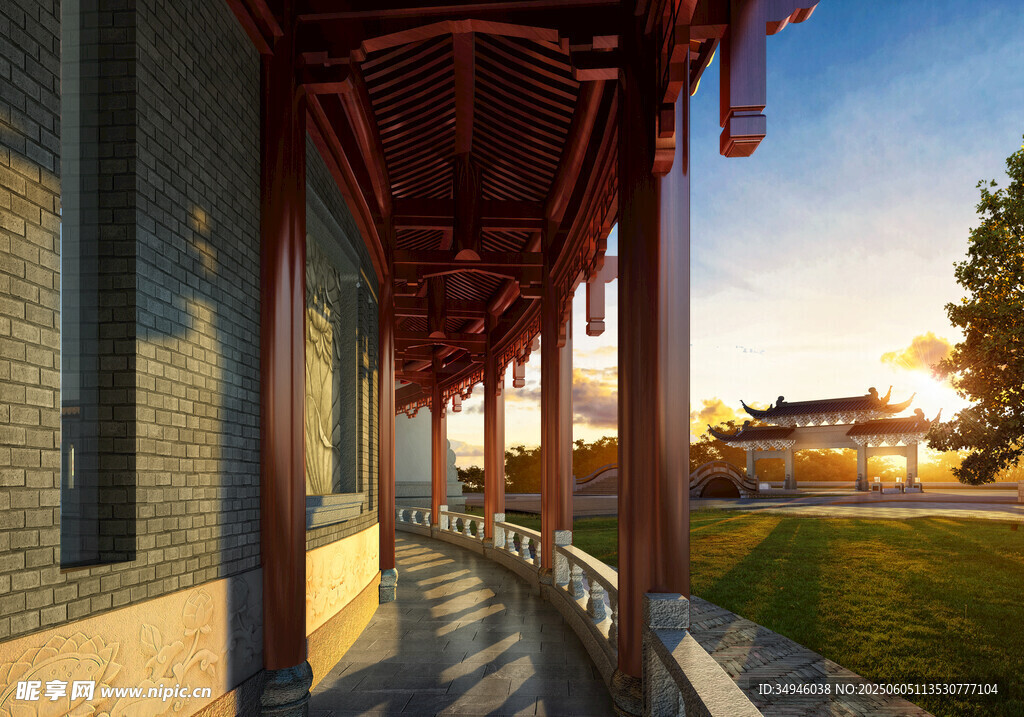中式长廊夕阳下的美景