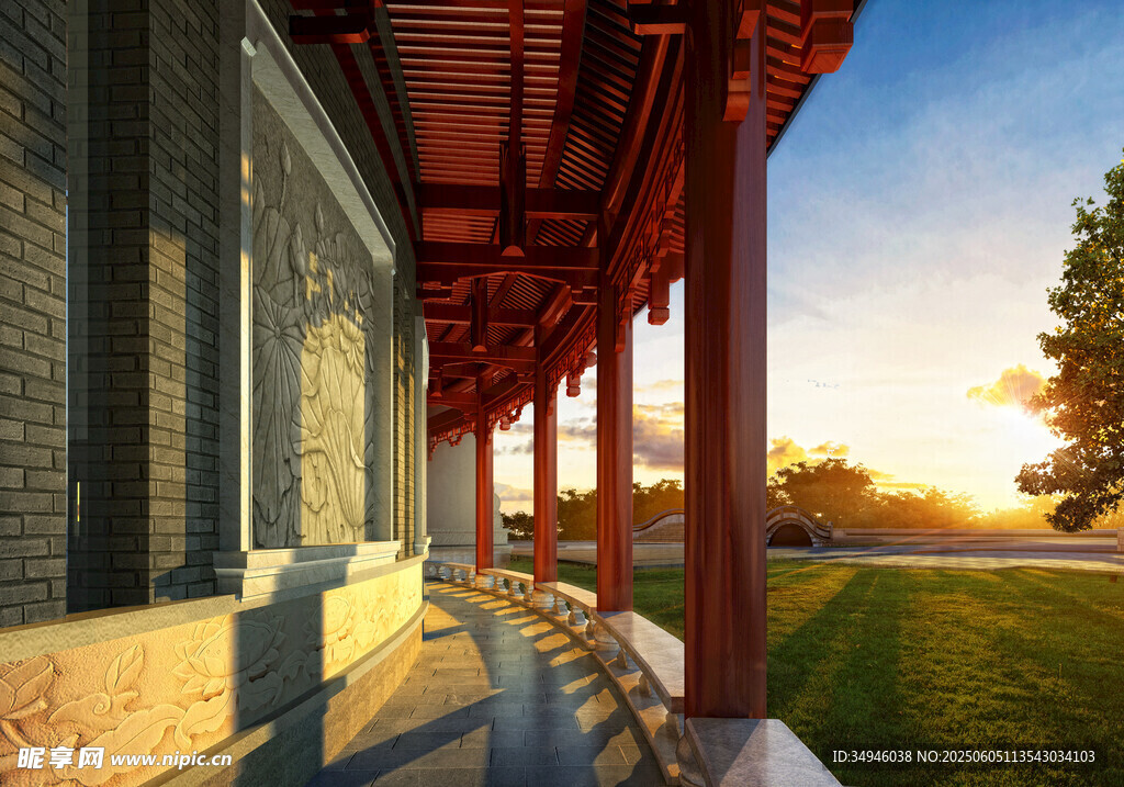 古建长廊夕阳下的美景