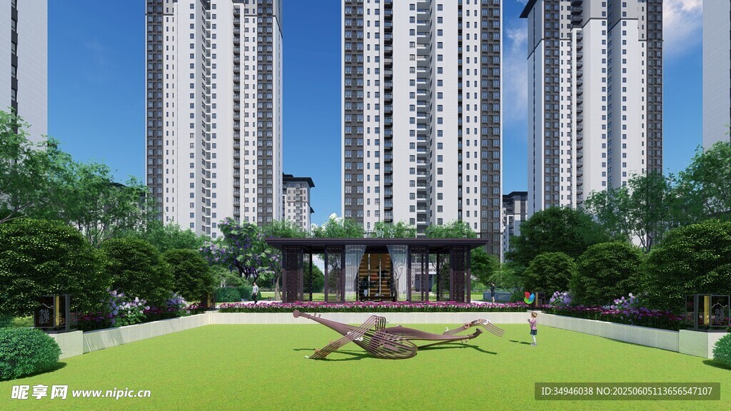 现代高层住宅前的绿地景观