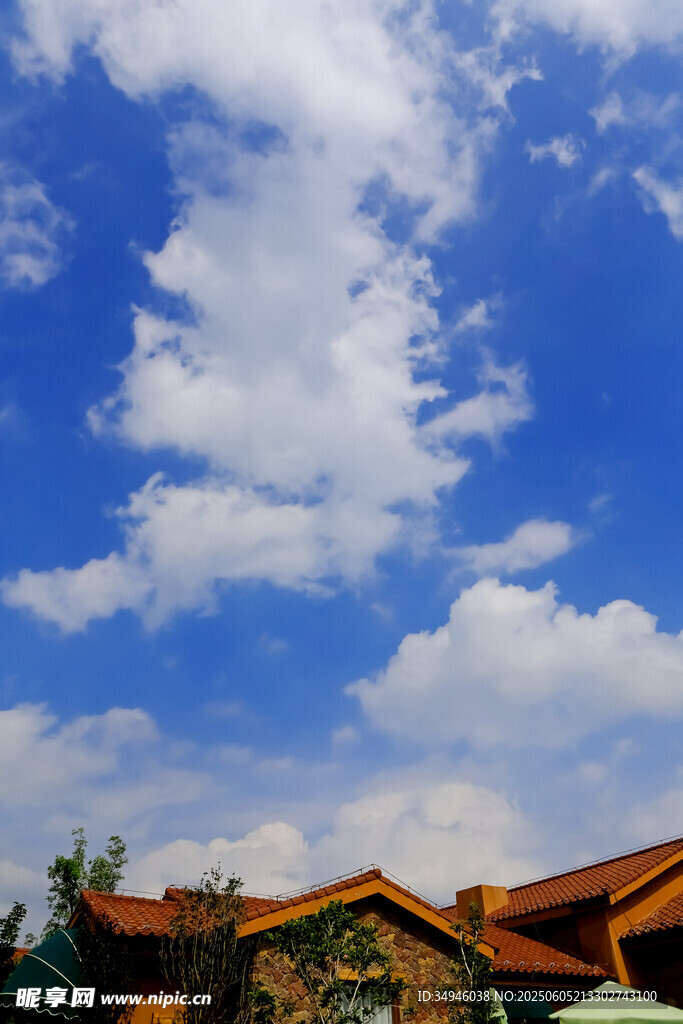 蓝天之下的红瓦屋顶