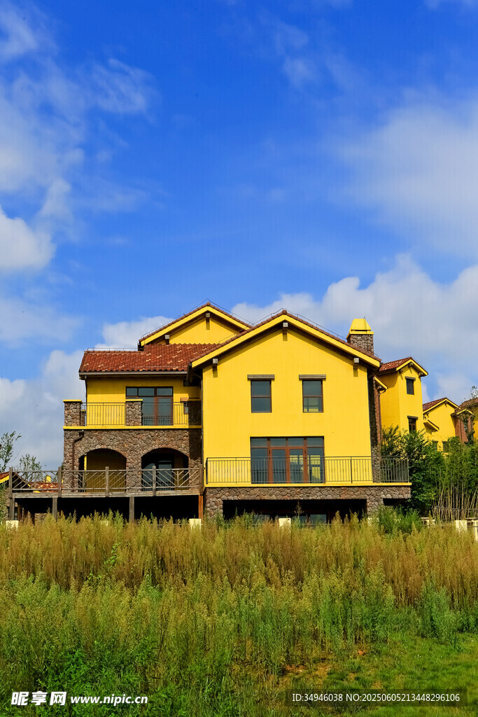 田园旁的黄色精美别墅