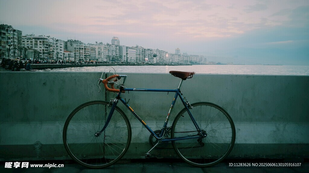海边停靠的复古自行车
