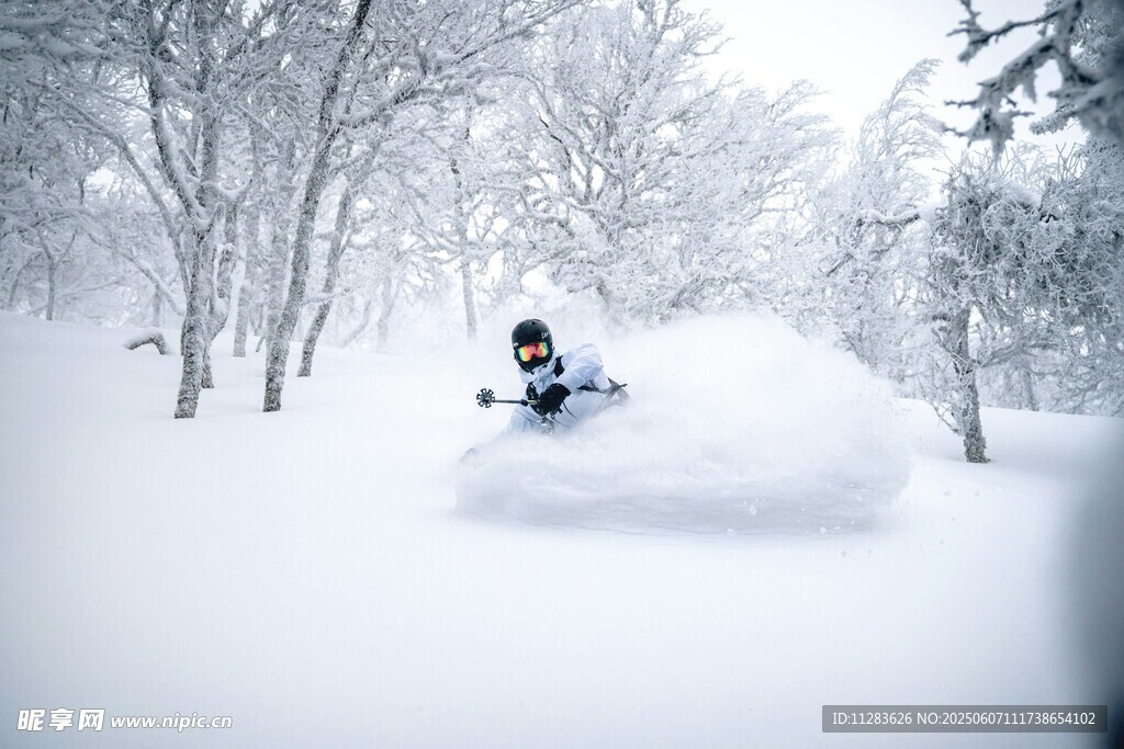 雪地中滑雪者扬起雪雾