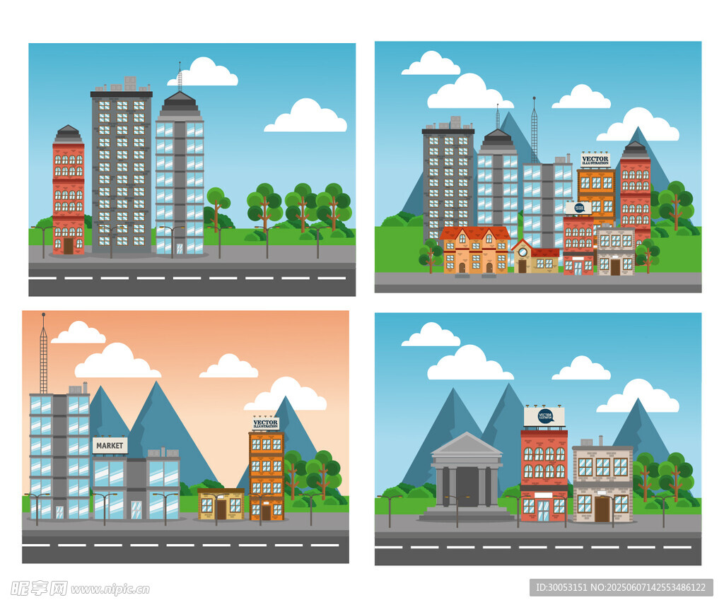 多样城市建筑景观插画