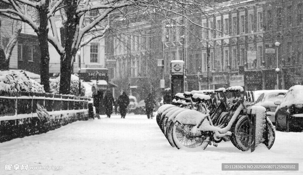 冬日街头雪景中的复古车辆