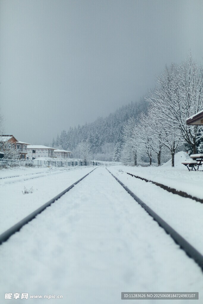 雪覆铁轨的冬日静谧景象