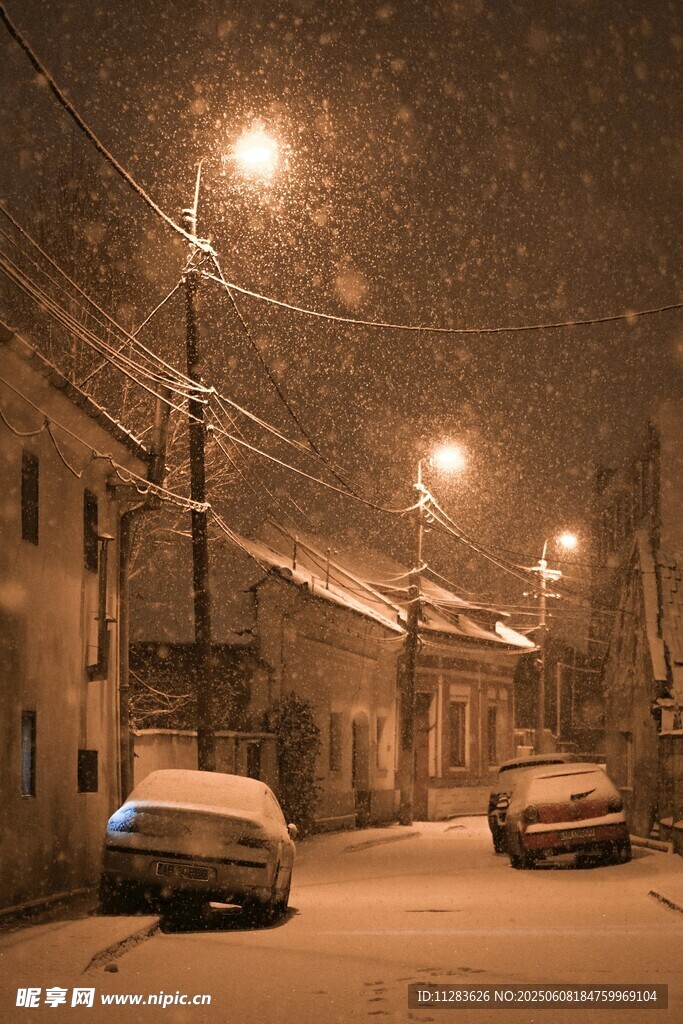 雪夜中的静谧街道与车辆