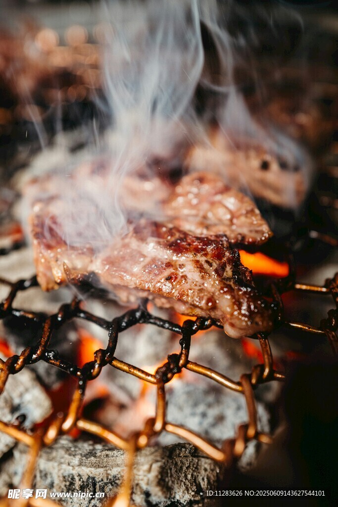 炭火上滋滋冒热气的烤肉