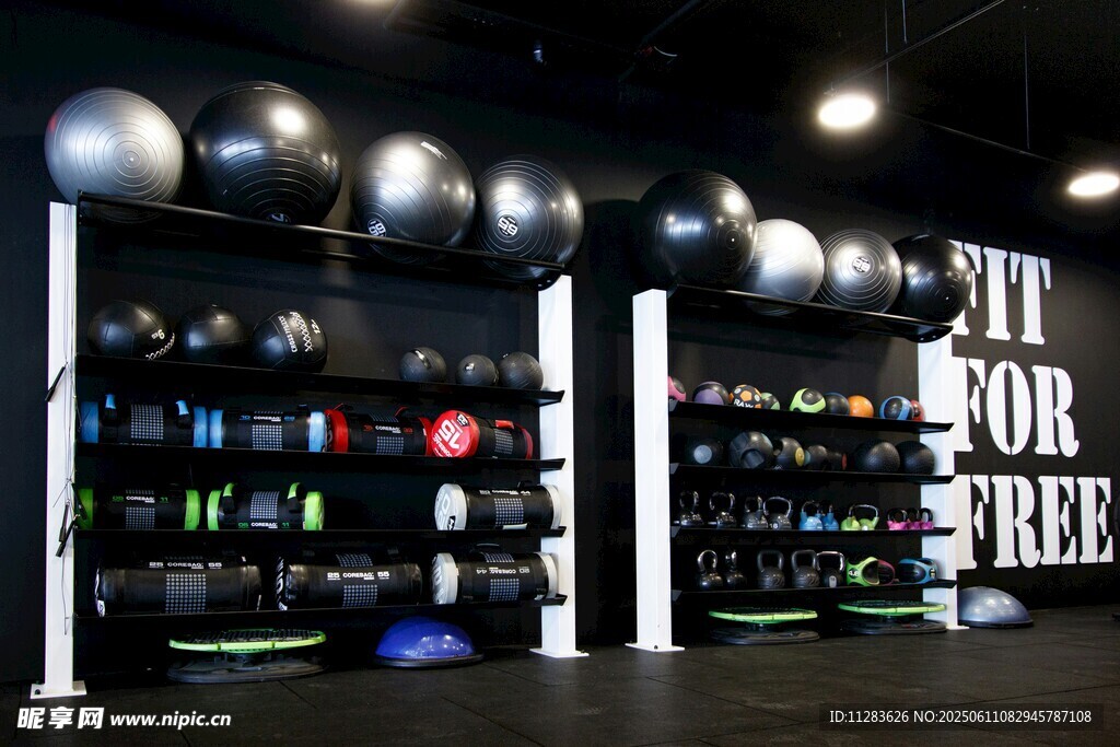 健身房内多样健身球陈列