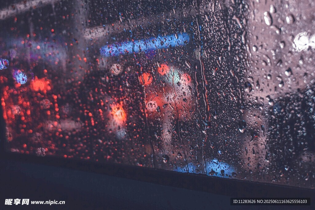 车窗上的雨景与城市灯火