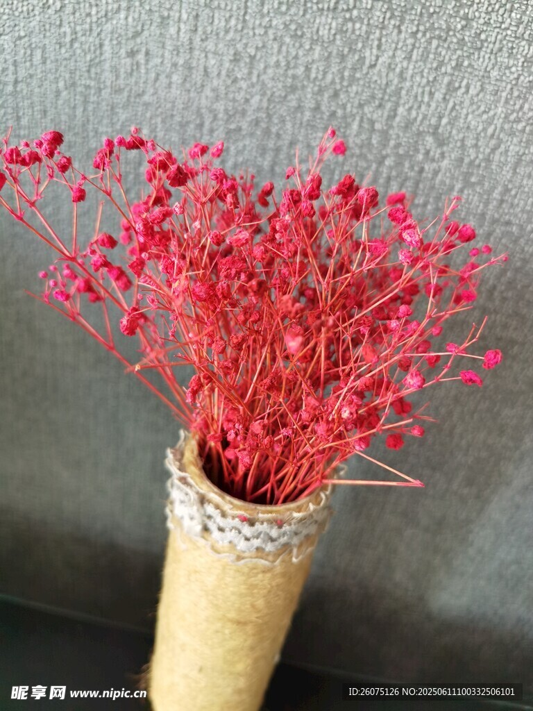 红色干花插于别致花瓶中