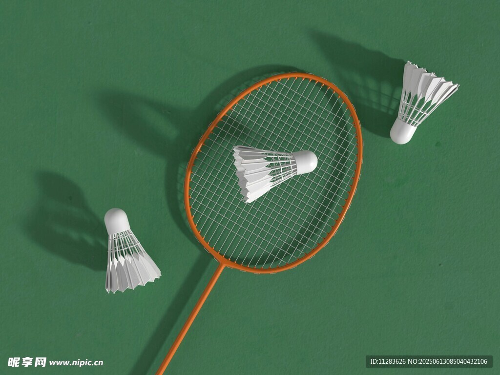 羽毛球拍与散落的羽毛球