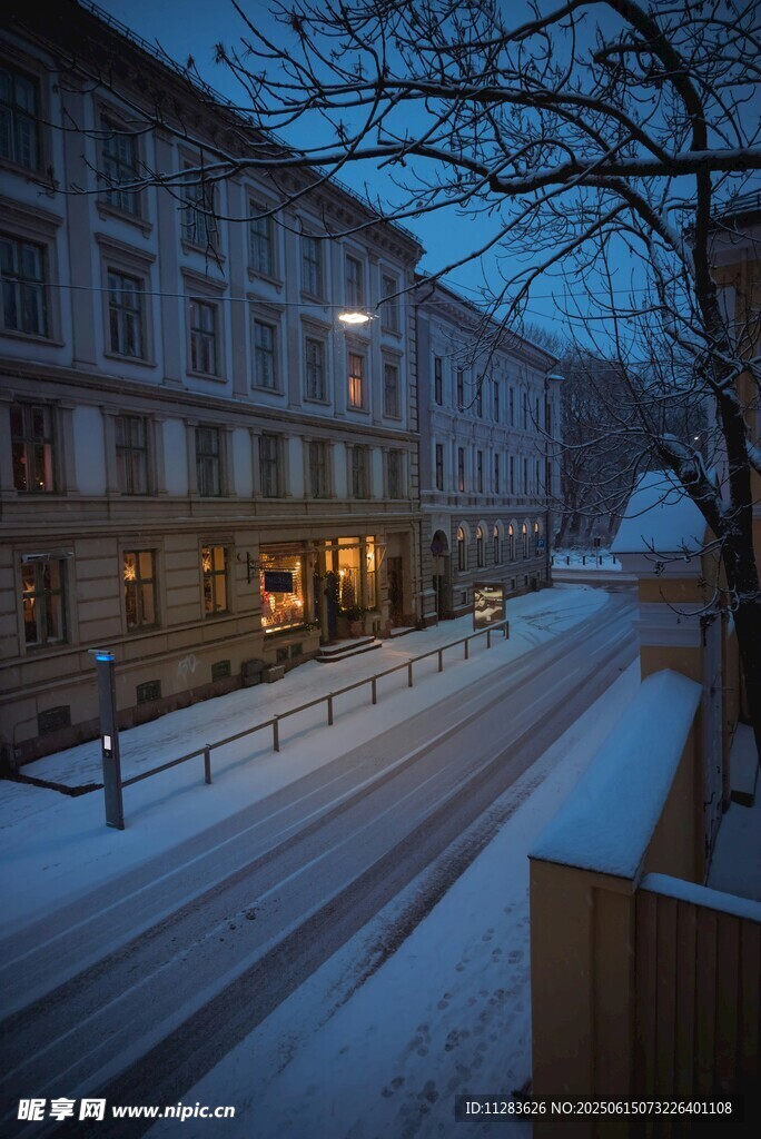 雪夜中的静谧街道与建筑