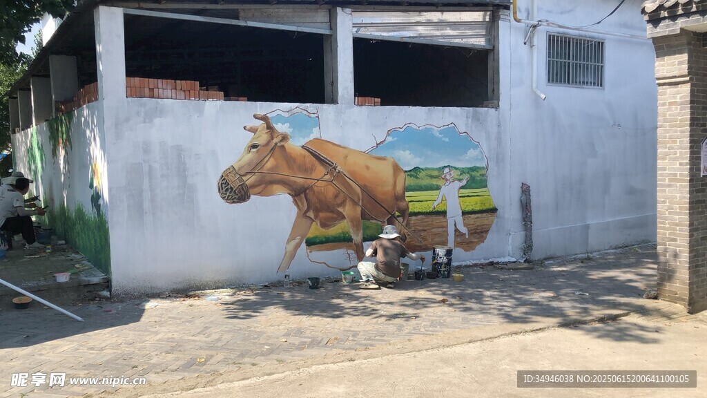 墙边牛图案与休憩猫咪