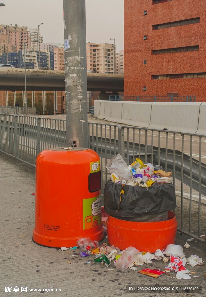 路边垃圾桶垃圾外溢场景