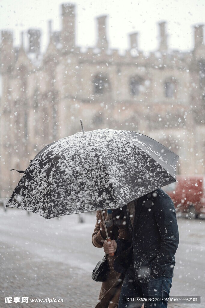 雪中撑伞漫步的人