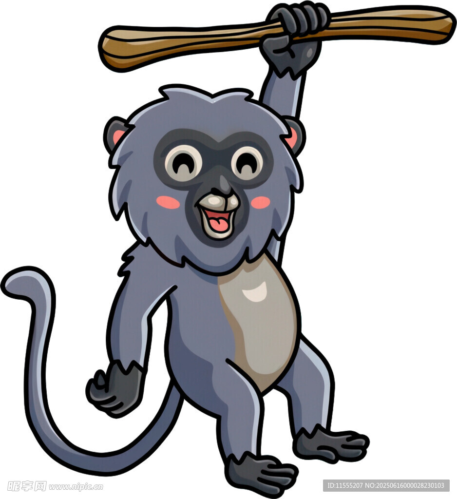 可爱小猴举木棍玩耍