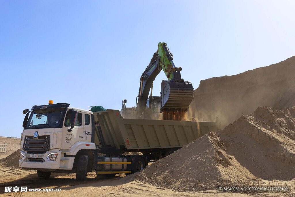 挖掘机向卡车装载沙土