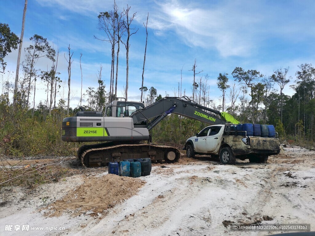 森林中的挖掘机与车辆
