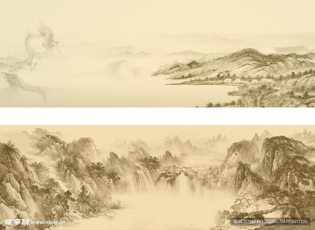 泛黄山水画背景