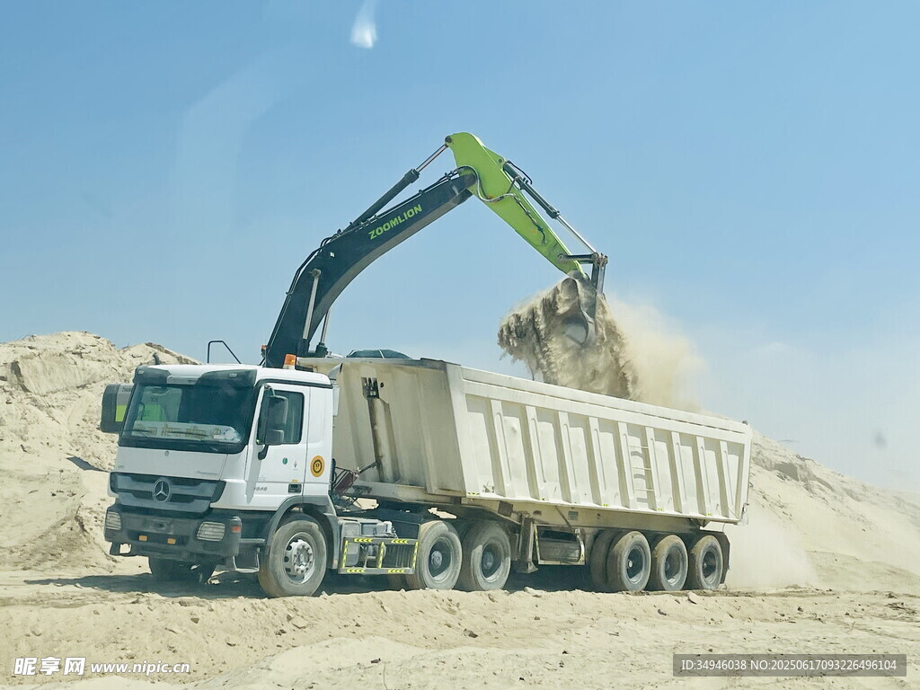 挖掘机向卡车装载沙土