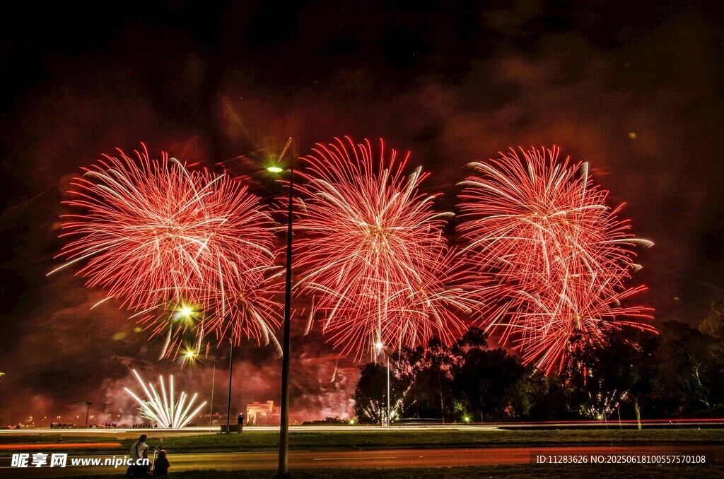 夜空中绚烂的红色烟花