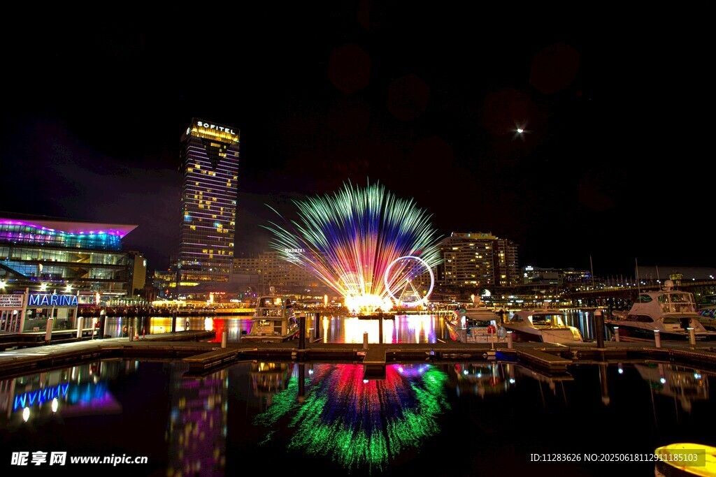 城市夜景中的绚丽烟花绽放