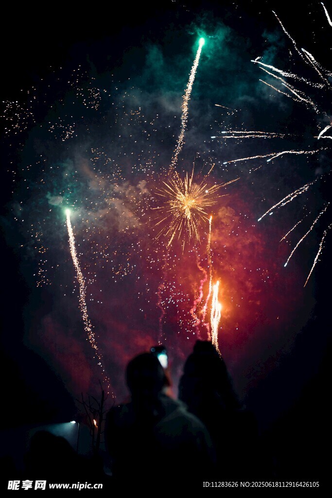 夜空中绚烂的烟花与人影