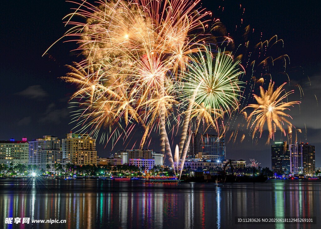 城市夜空绚烂烟花绽放