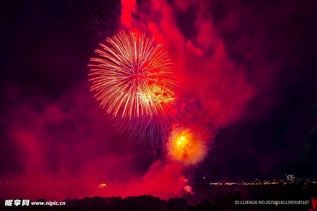 夜空中绚烂的红色烟花