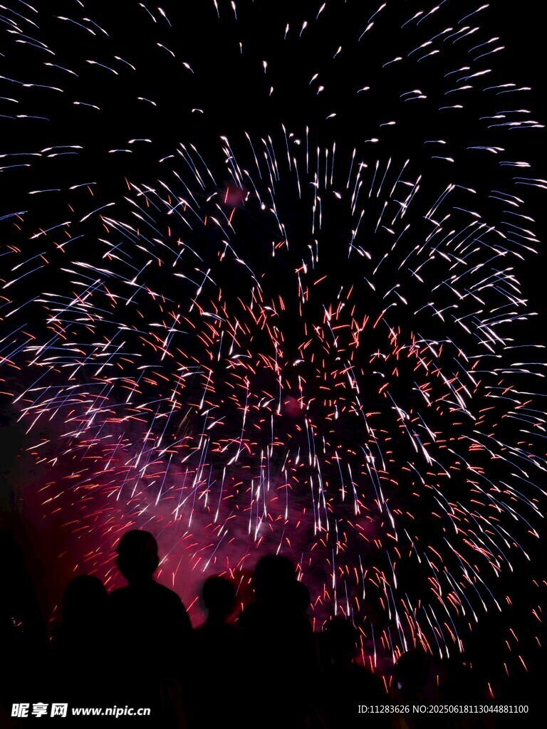 夜空中绚烂的烟花与人影