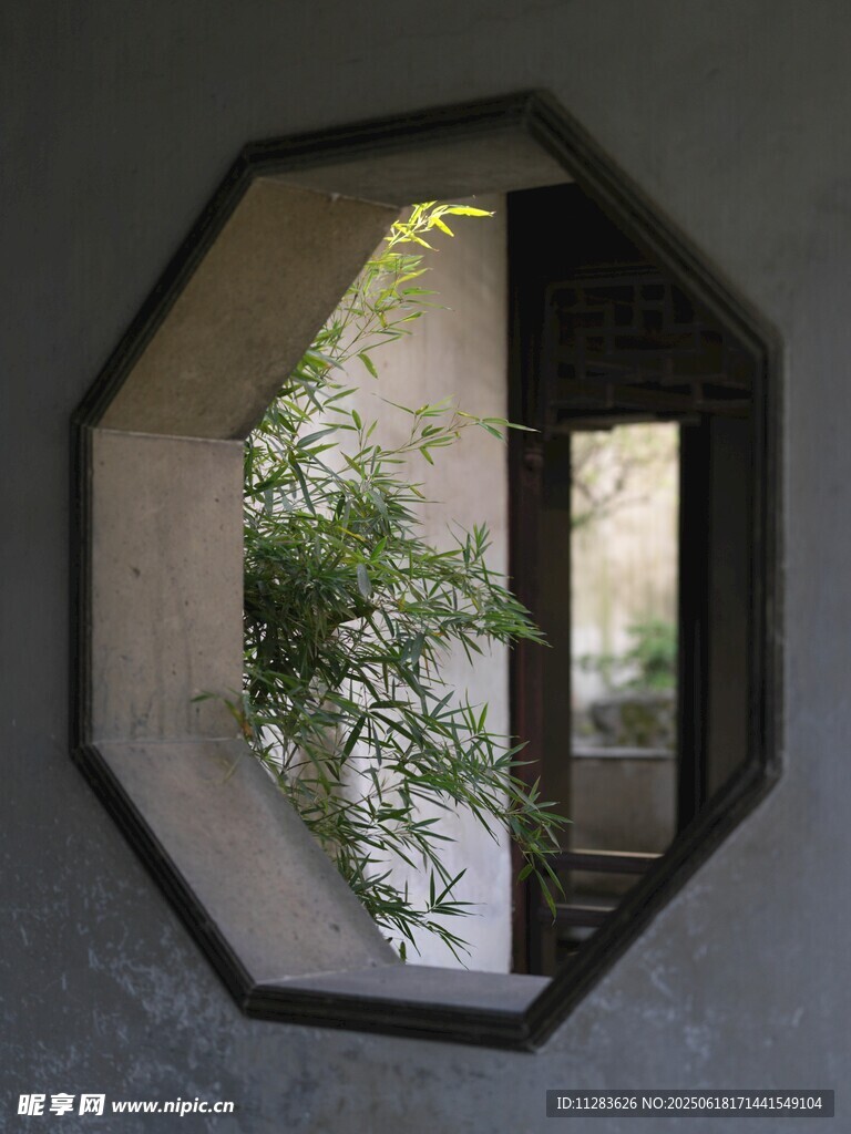 中式八角窗中的绿意景致