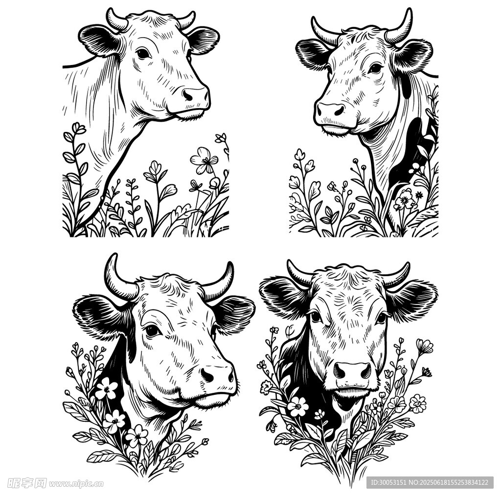 四幅牛的黑白插画图案