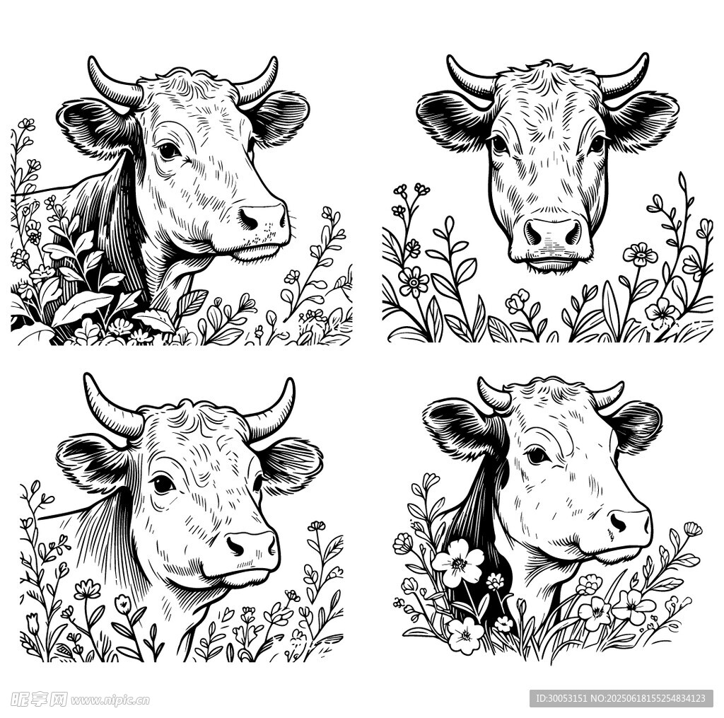 四幅牛的黑白插画图案